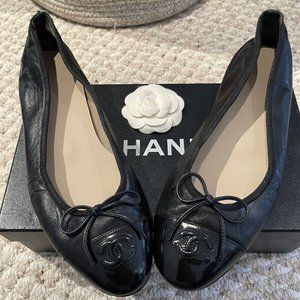 Chanel Ballet Flats 39.5 Black Patent Cap Toe